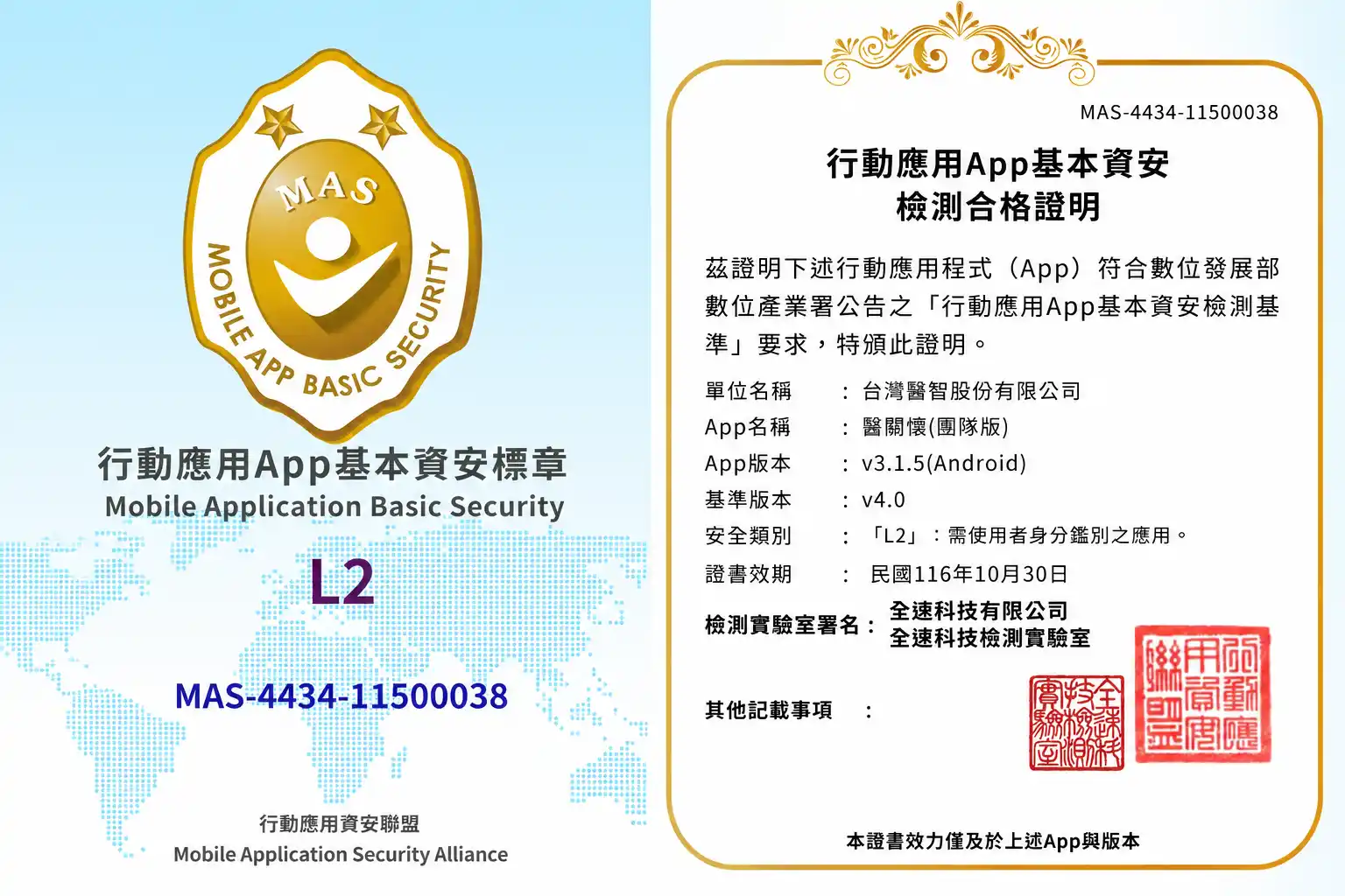 行動應用 App 基本資安檢測合格證明,Android 版 v3.1.5,L2 等級,證書編號 MAS-4434-11500038