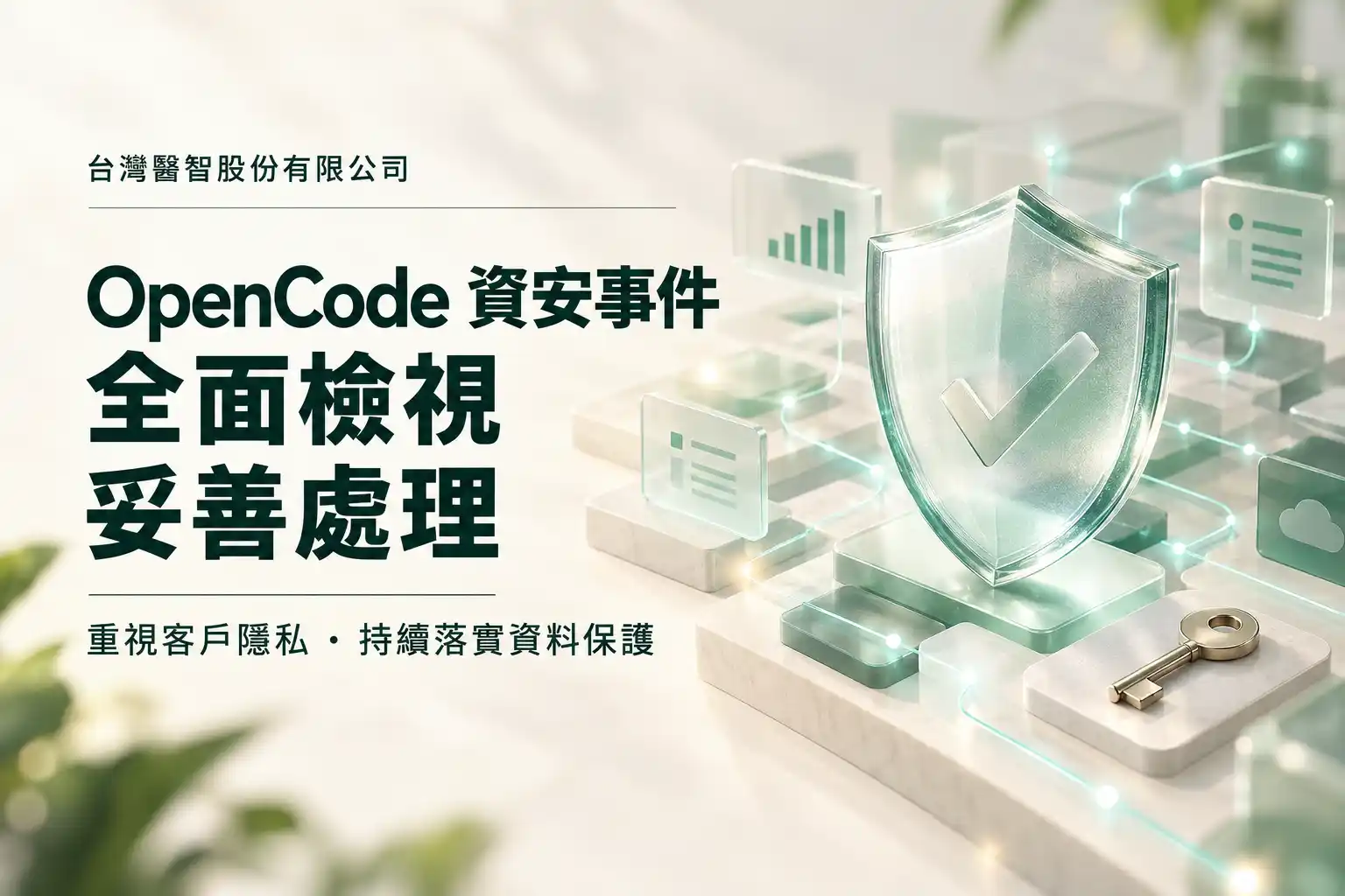 台灣醫智股份有限公司 OpenCode 資安事件全面檢視妥善處理聲明圖,重視客戶隱私,持續落實資料保護
